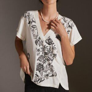 Black&Cream Colored, V-Neck Short-Sleeve Top- Pre Loved Anthroplogie